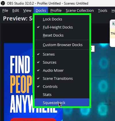 Opening the Squeezeback dock from the Docks menu