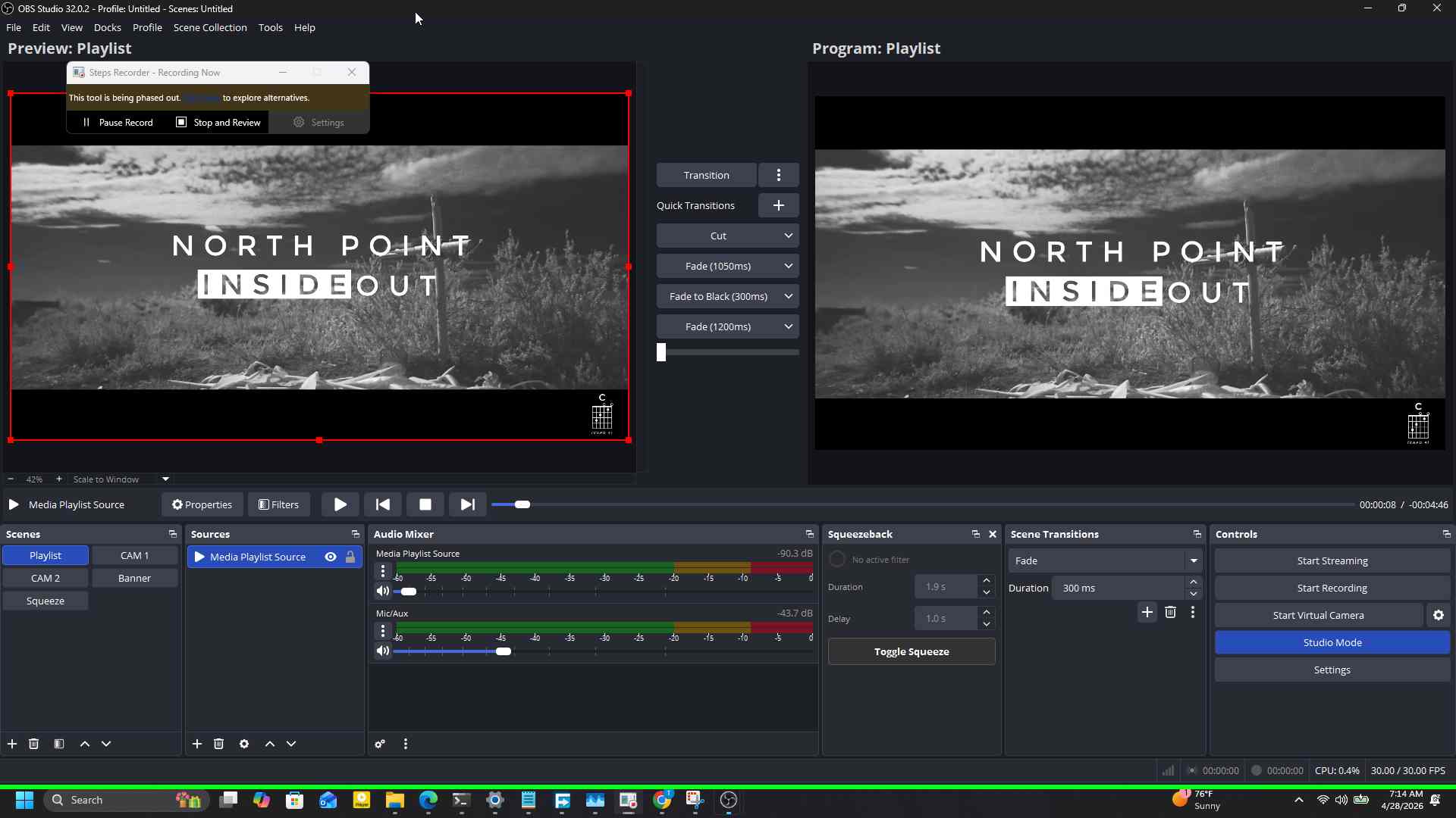 OBS Studio open at startup with the title bar focused