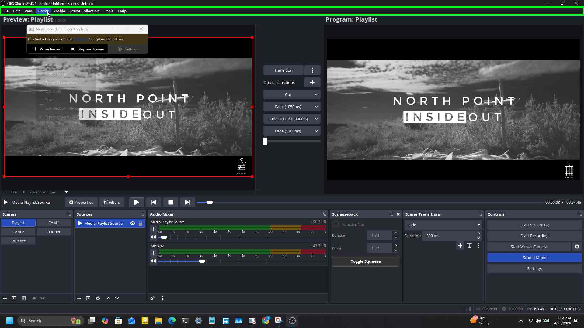 The OBS menu bar with the Docks menu being selected