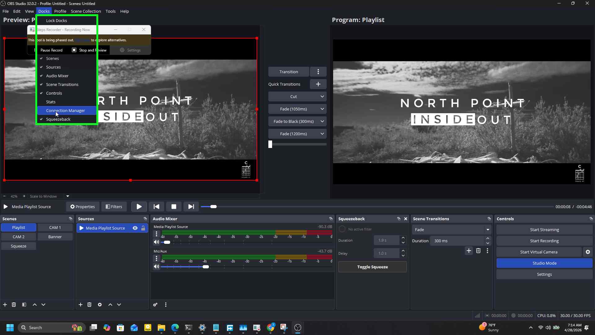 The OBS Docks menu open with Connection Manager listed alongside Squeezeback and the built-in panels