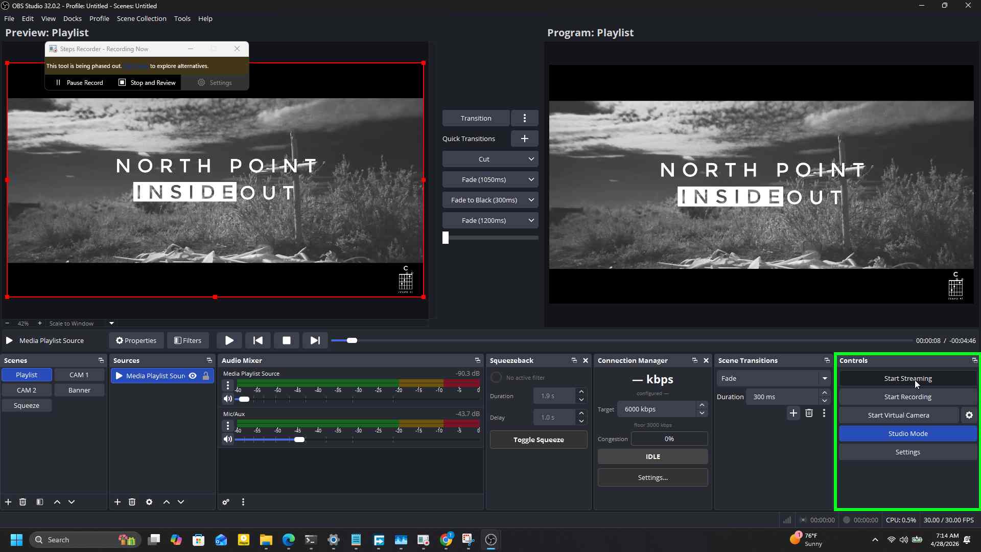 OBS with the Start Streaming button being clicked from the Controls dock